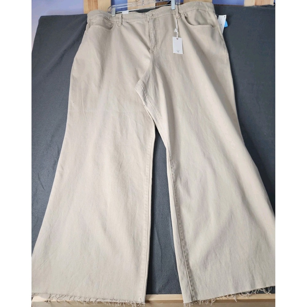 NWT Good American Good Ease Relaxed Mid-Rise Wide Leg Raw Hem Jeans Sand 22x34